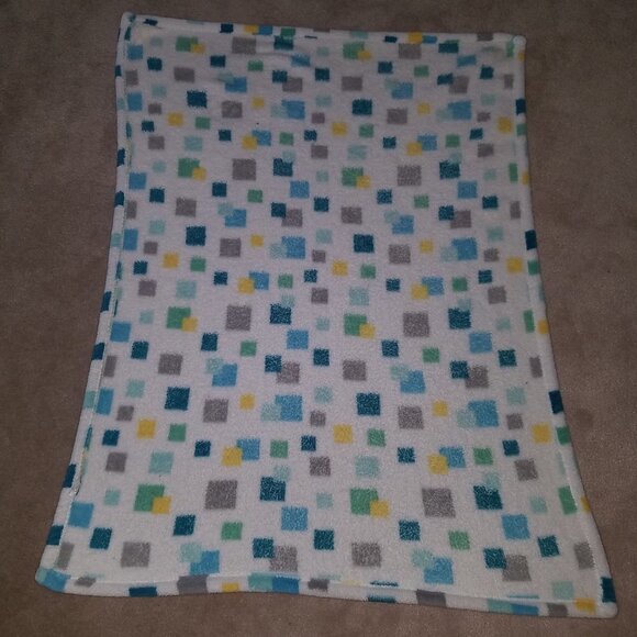 Little Miracles Fleece Baby Blanket Lovey Blue Gray Yellow Green Teal Squares - Picture 4 of 5